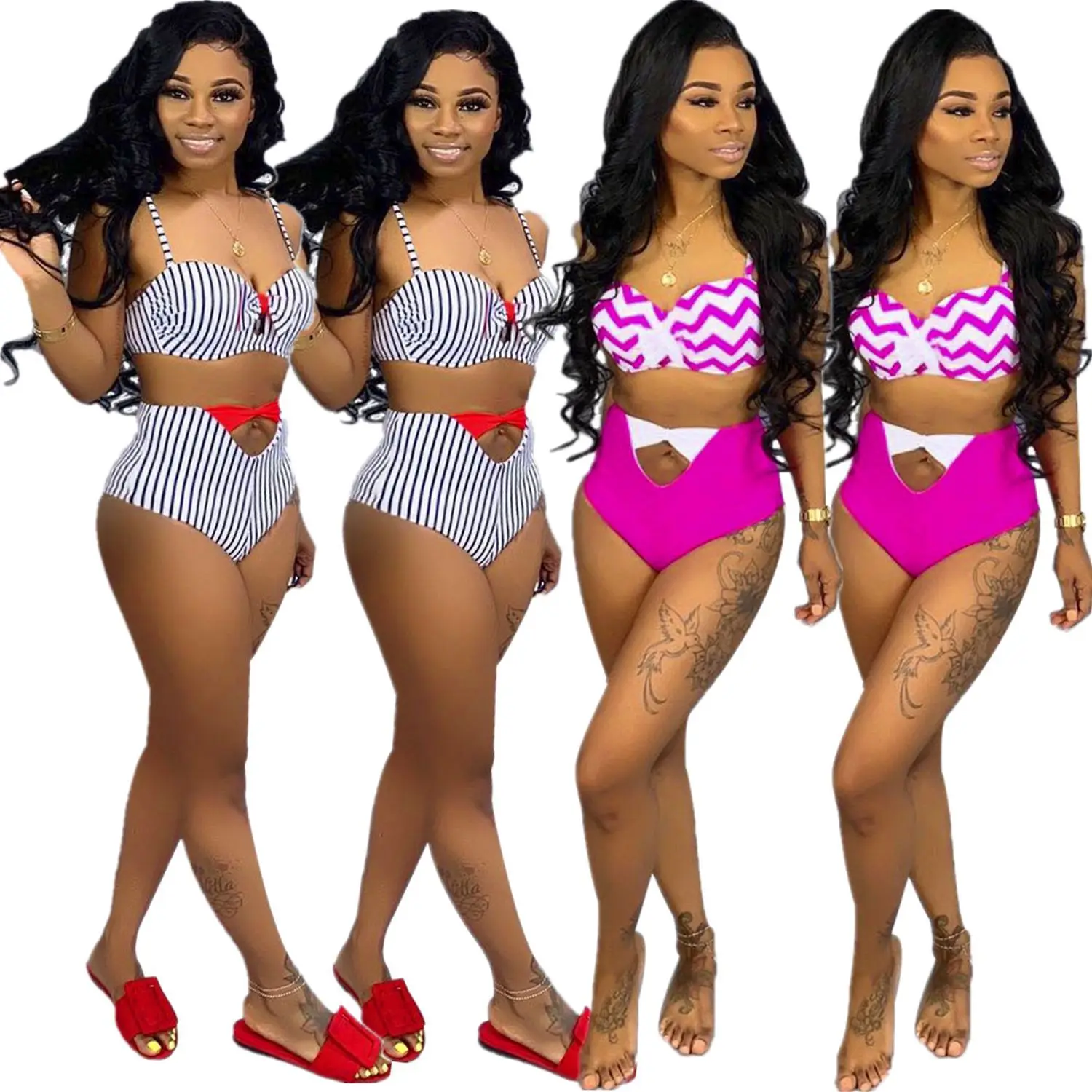 

Ursuper 2021 Summer Fashion Best-Seller Sexy Black and White Striped Two-Piece Set Front Knotted Swimsuit Bikini