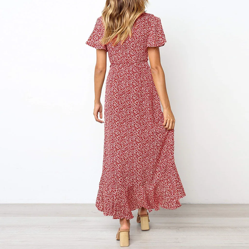 Женское длинное пляжное платье макси в стиле бохо шифоновое с цветочным принтом