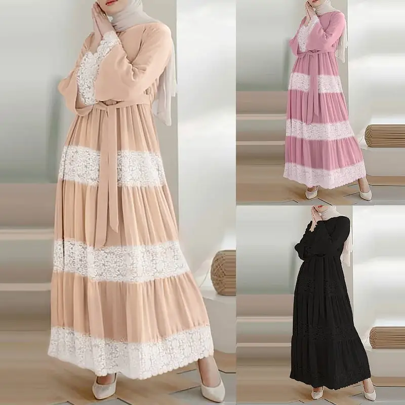 

Muslim Dress Abayas for Women Patchwork Lace Cake Pleated Dress Dubai Turkey Kaftan Robe Longue Femme Musulmane Vestidos Largos