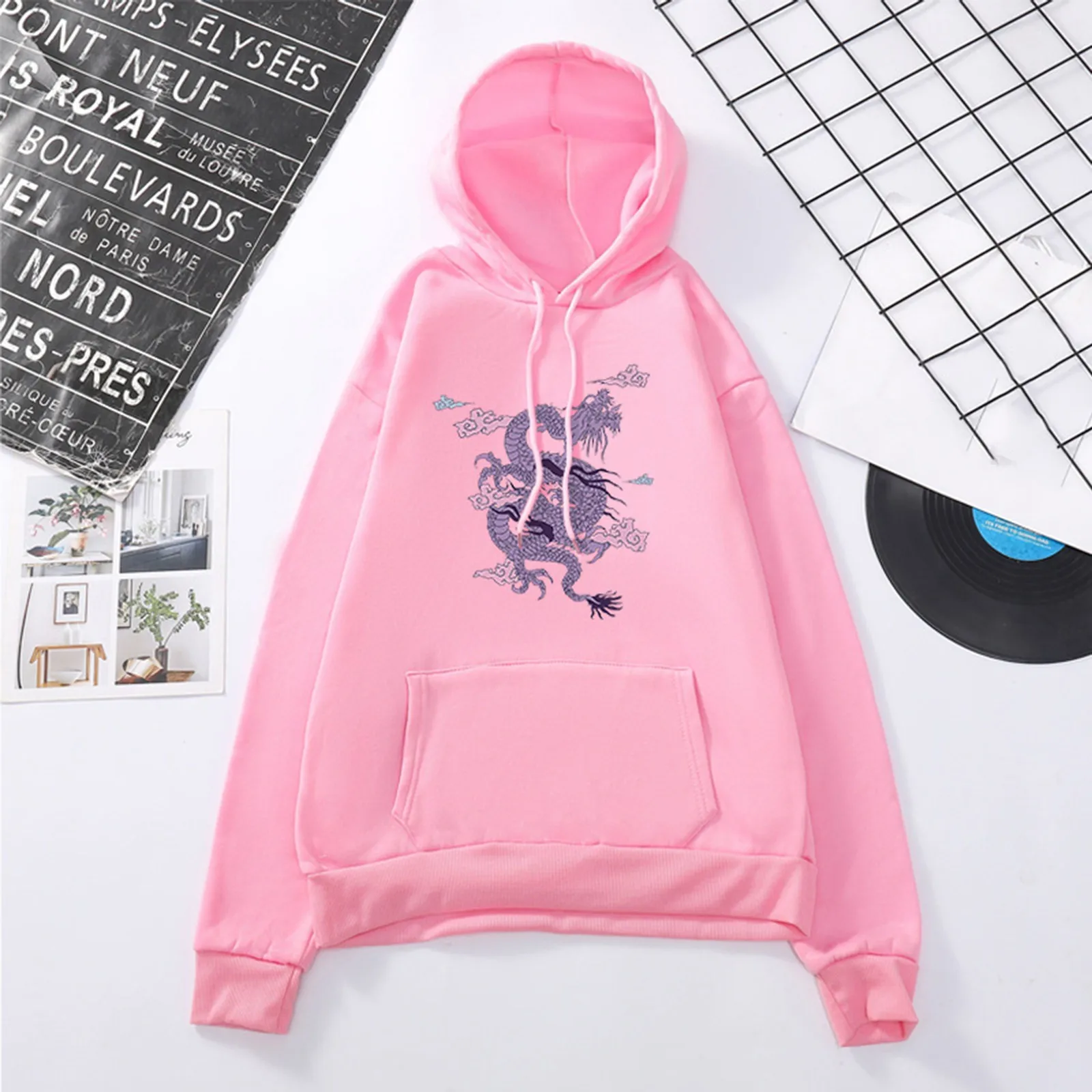 

Sweatshirt 2020 Women's Casual Solid Hooded Pocket Long Sleeve Pullover Sweatshirt Top For Female Dragon Print Felpa #5B