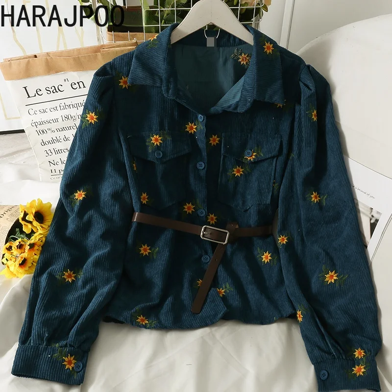 

Harajpoo Women Shirt Flower Embroidered Corduroy Belt Vintage Single Breasted 2021 Autumn New High Waist Slim Long Sleeve Blouse