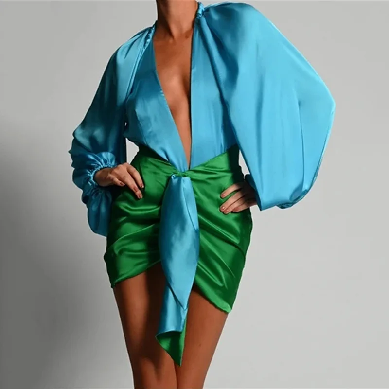 

Summer casual fashion women's wear, deep V long sleeve shirt+trailing skirt suit female, with zipper at the back
