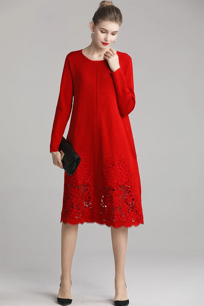 

Quality New Top 2021 Autumn Winter Wool Knitted Dress Women Hollow Out Embroidery Long Sleeve Mid-Calf Green Red Sweater Dress