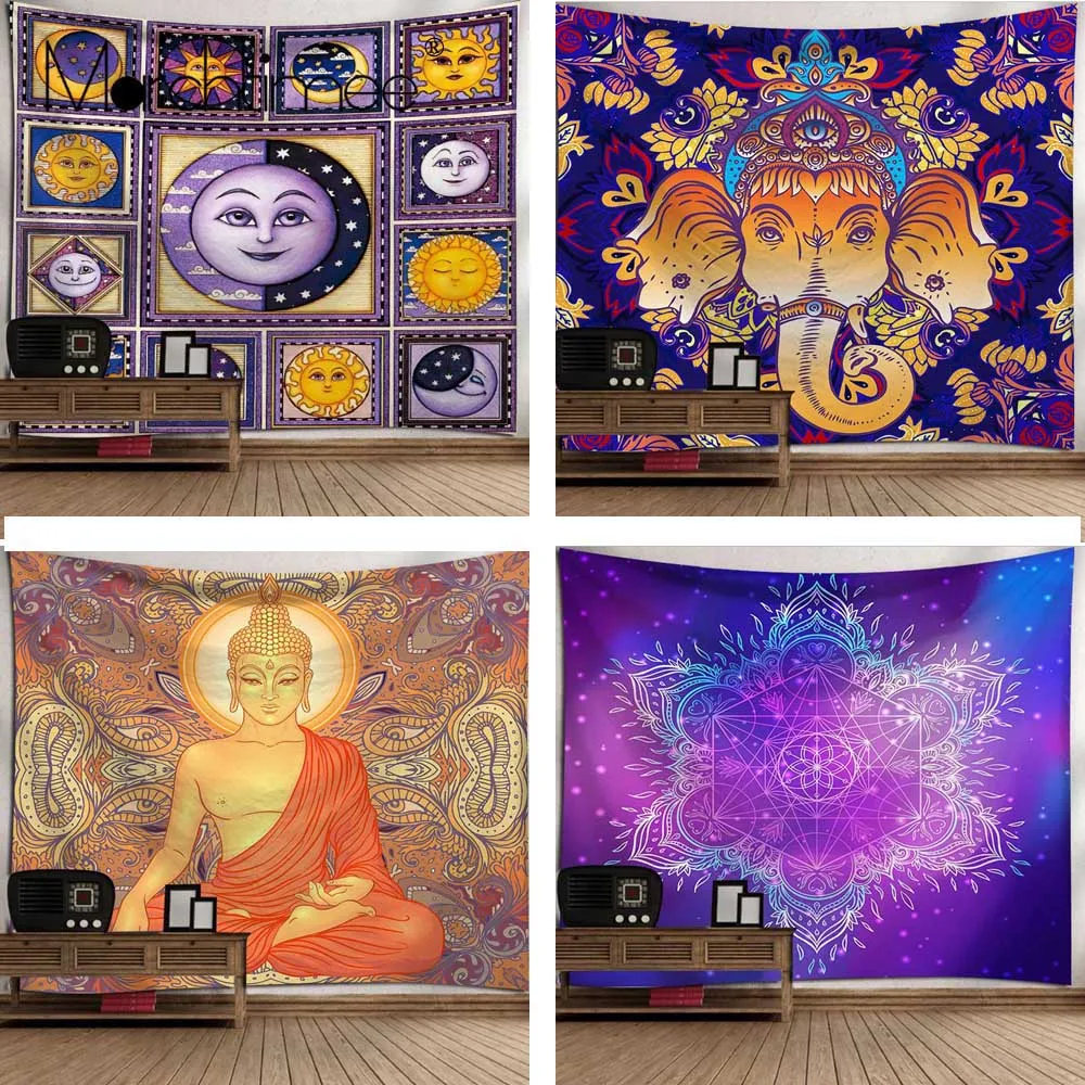 

Психоделический гобелен с изображением солнца, Луны, мандалы, настенные ковры в стиле хиппи, декор для спальни, статуя Будды, гобелены с демоном