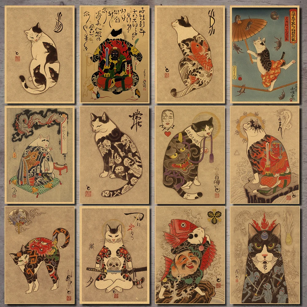 Винтажный бумажный Ретро аниме постер, японский самурайский Кот, тату Кот постеры из крафт-бумаги 42x29 см