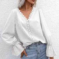 80 2021 new v neck women shirt long flare sleeve blouse lace hollow out women pullover shirt for office