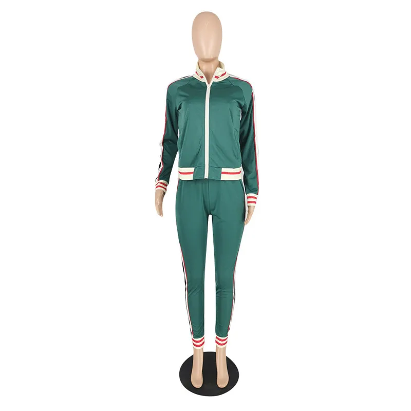 

Two Piece Set Sweatsuits for Women Fashion Long Sleeve Zipper Tops and Pencil Pants Stripe Sportswear Wholesale Dropshipping
