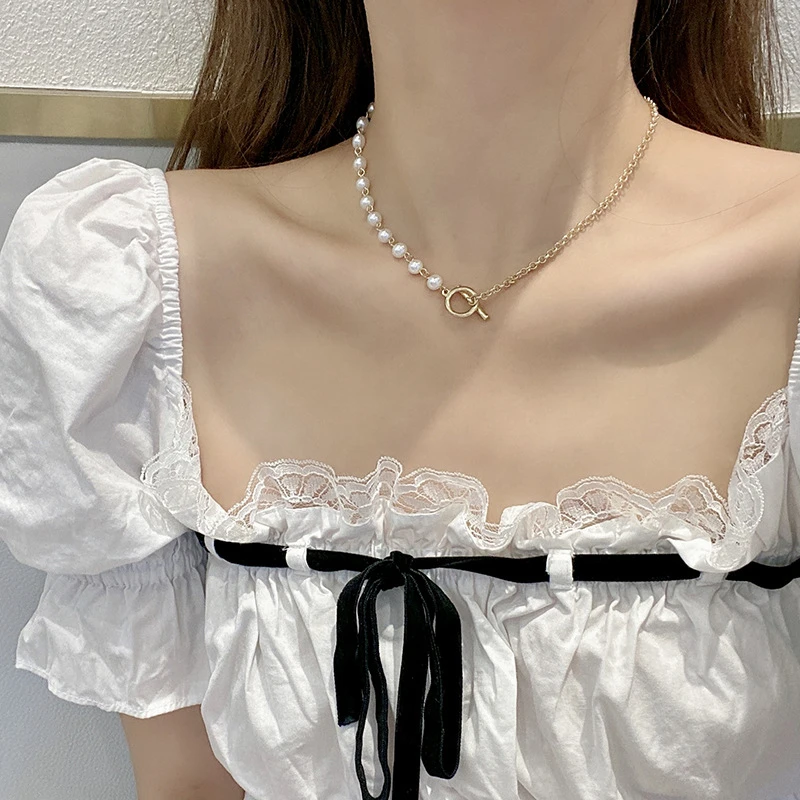 

ALIUTOM Vintage Elegant Round Pearl Necklace For Women Choker Golden Chain Beaded Necklaces Collar 2021 Trend Fashion Jewelry