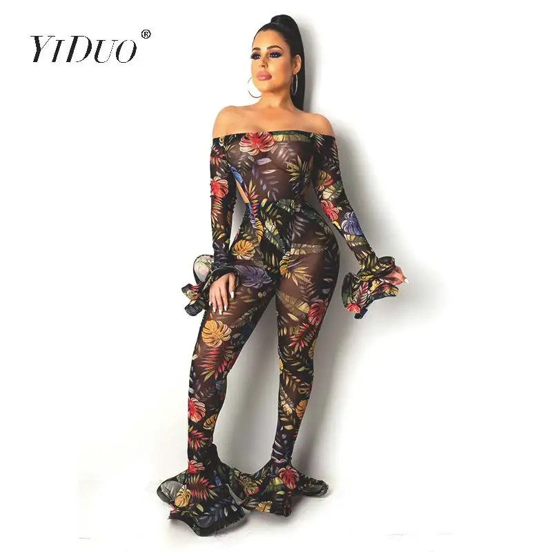 Женское сексуальное Сетчатое боди YiDuo в горошек с открытыми плечами и расклешенные брюки, комплект из двух предметов, цветочный черный цвет от AliExpress WW