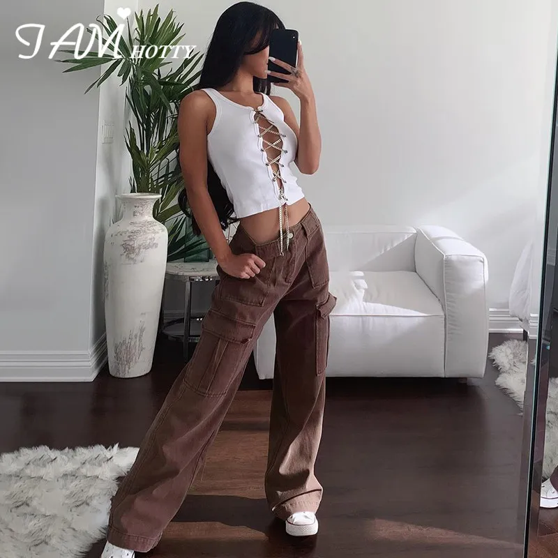 

Baggy High Waist Brown Wide Leg Pockets y2k Pants Women Streetwear Fashion Oversize Trouser Cargo Harajuku Sweatpants Iamhotty