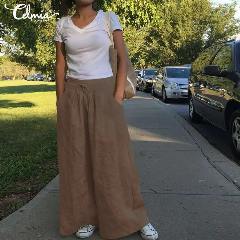 Женские широкие брюки Celmia повседневные свободные длинные палаццо из хлопка и