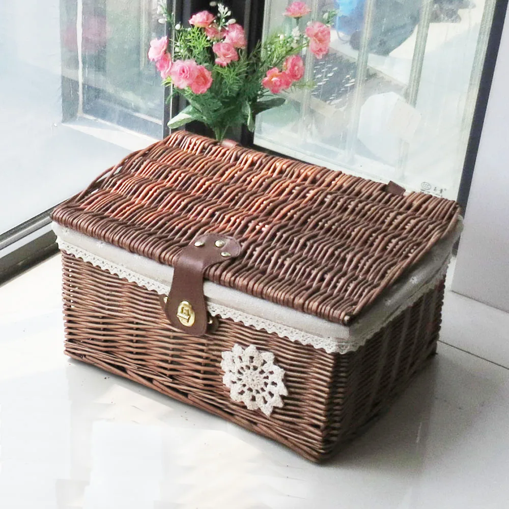 

New Manual Woven Wicker basket storage Nature Rattan storage box laundry cosmetic organizer basket with lock and cloth lining