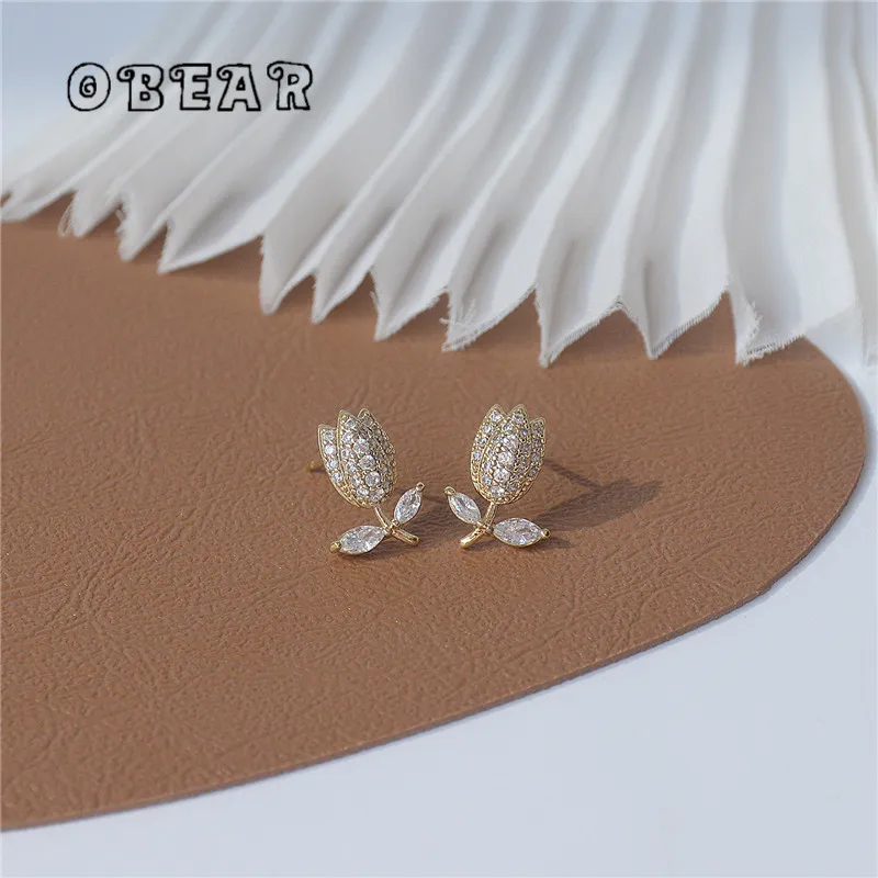 

OBEAR 14k Real Gold Plating Flower Pavé Crystal Stud Earrings Women High Quality Luxury Fashion Elegant Banquet Jewelry