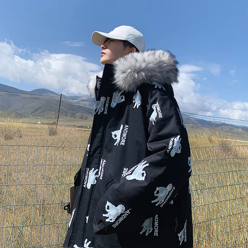 

Мужская зимняя куртка с капюшоном и меховым воротником, куртка на подкладке из хлопка с новым модным принтом в национальном стиле утолщенно...