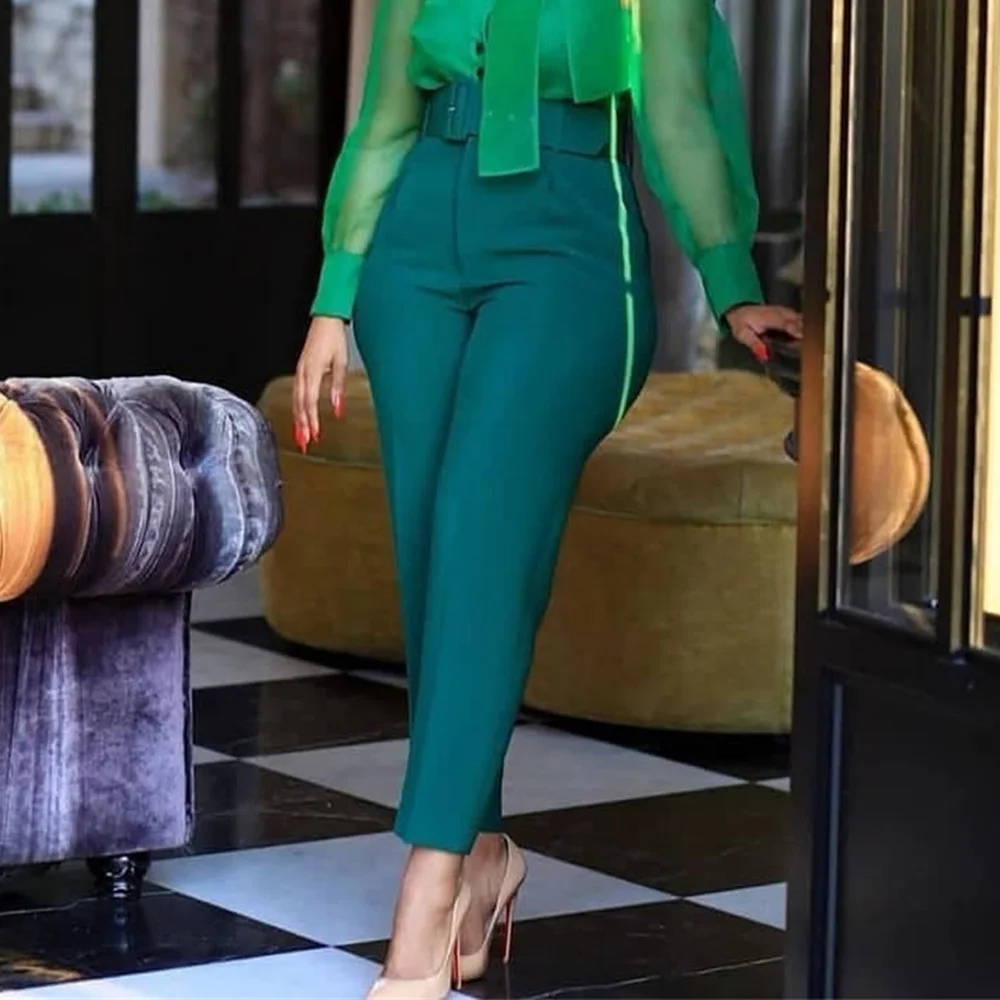 

Solid Color Women 2021 Chic Fashion High Waist with Belt Pants Vintage Zipper Office Wear African Female Ankle Trousers Mujer
