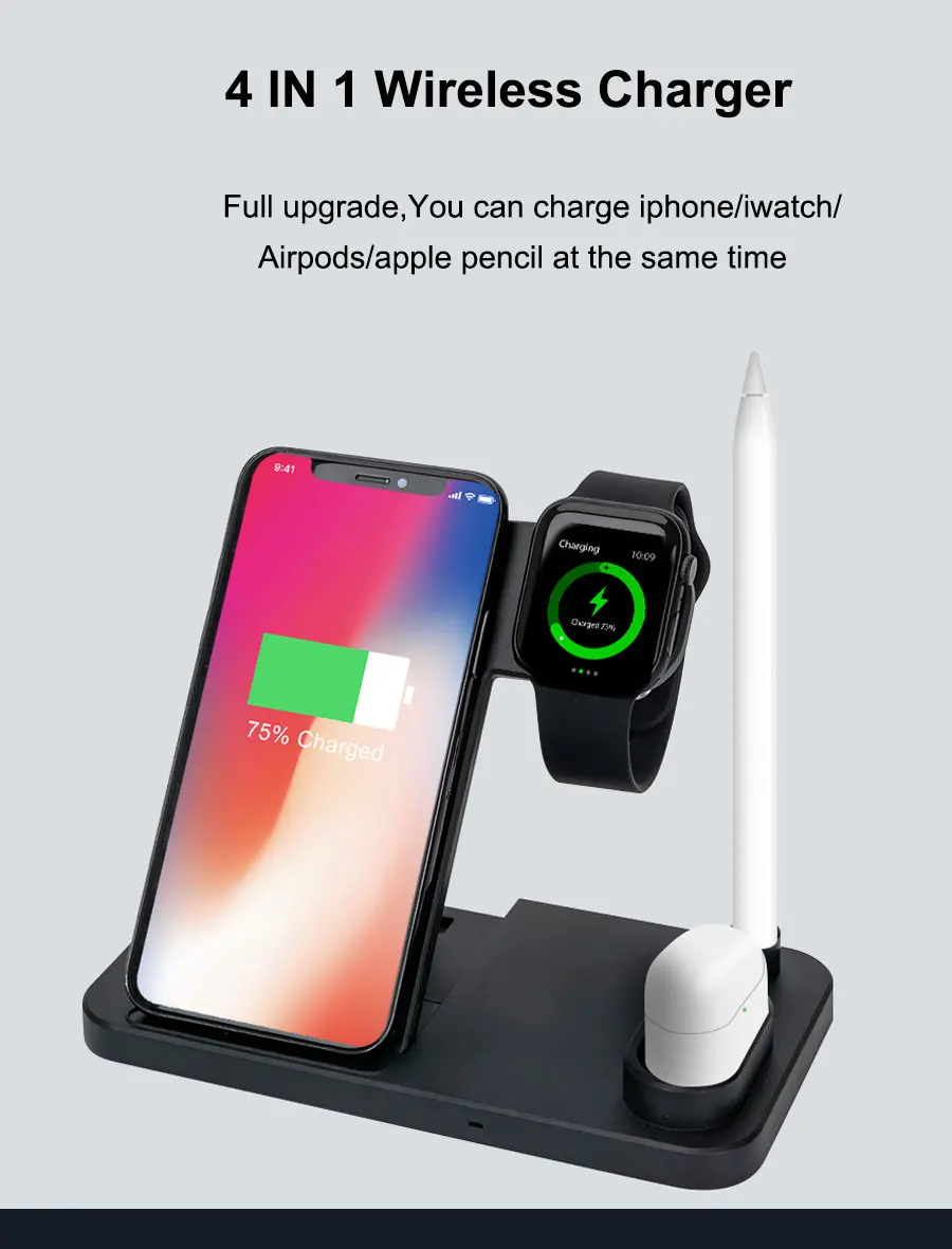 4 в 1 10 Вт Беспроводная зарядная док-станция для iPhone XR XS Max 8 Быстрая зарядка для Apple Watch 1 2 3 4 AirPods для samsung XiaoMI
