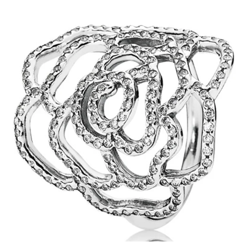 

Authentic 925 Sterling Silver Popular Ring Openwork Wild Rose Flower Ring With Crystal For Women Jewelry Birthday Gift