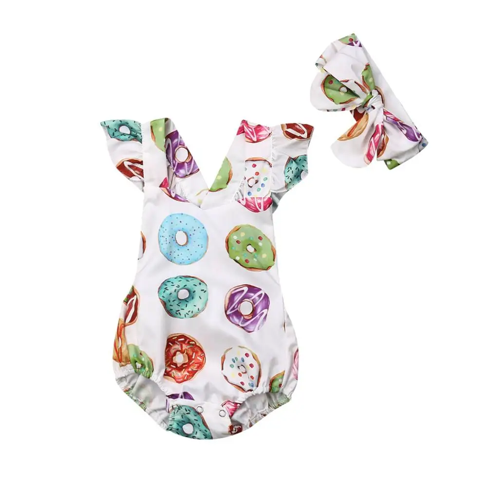 

2020 Newborn Baby Girl Clothes Fly Sleeve Donuts Print Backless Bodysuits Headband 2pcs Summer Outfits 0-24M