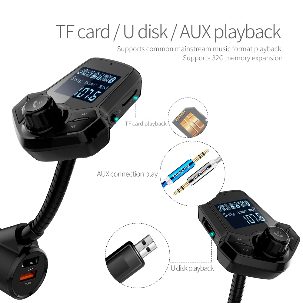 

Korseed QC3.0 Car Charger Bluetooth 5.0 FM Transmitter MP3 Player Dual USB Ports Car Charger FM Modulator Car Lighter Handfree