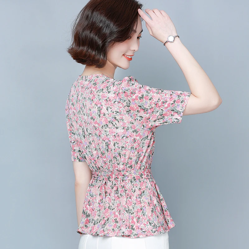 

2021 Summer Woman Bow Tie Floral Sashes Hedging Short-Sleeved Chiffon Top