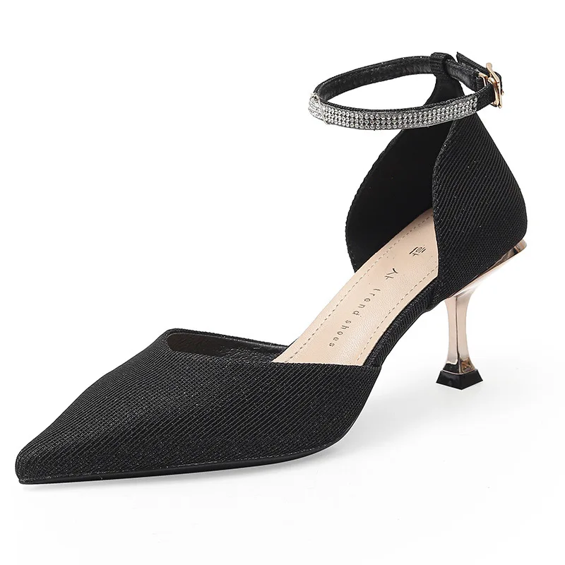 

Pointed Heel Sandals Comfort Shoes for Women Shallow Mouth Suit Female Beige Black Rubber Casual Basic Buckle Strap PU Solid Toe