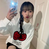 sweety cherry japanese academy style embroid print hooded cotton sweatshirts warm pullovers hooded girls teens hoodies
