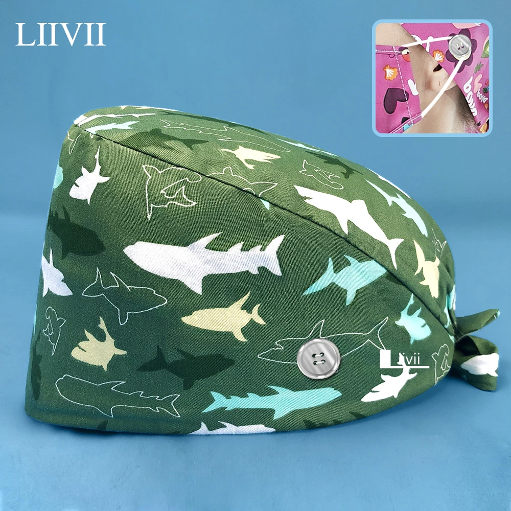 

Adjustable Pet Clinic Multicolor Scrubs Cap Men and Women Dentist Work Hat Buttons Animal Cartoon Print Laboratory Dust Work Cap