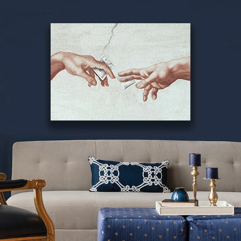 

Creative idea Creation of Adam classic Spoof Art Wall Art Framed Wooden Frame Canvas For Home Bedroom Dorm room Art Decor Prints