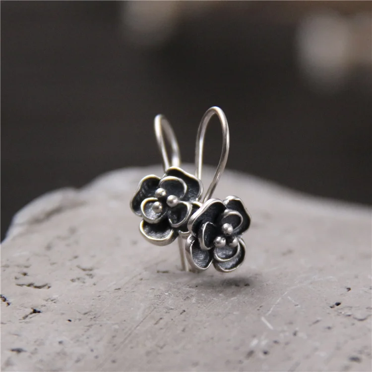 

Classical and Simple Silver Jewelry S925 Vintage Sterling Silver Rose Earrings Thai Silver Ethnic Style Women's Earrings Ear-Car