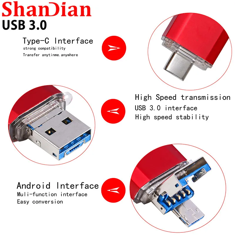 USB флеш накопитель SHANDIAN OTG 3 в 1 128 Type C и Micro гб 64 32 16 8 4 гб|USB флэш-накопители| |