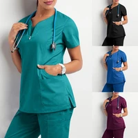women nursing scrubs uniform solid color medical doctor work shirt pet clinic spa beautician pharmacy short sleeved overalls