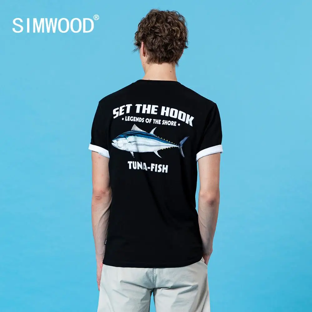 SIMWOOD 2021 летние новые мужские футболки с принтом тунца и рыбы 100% хлопок дышащие
