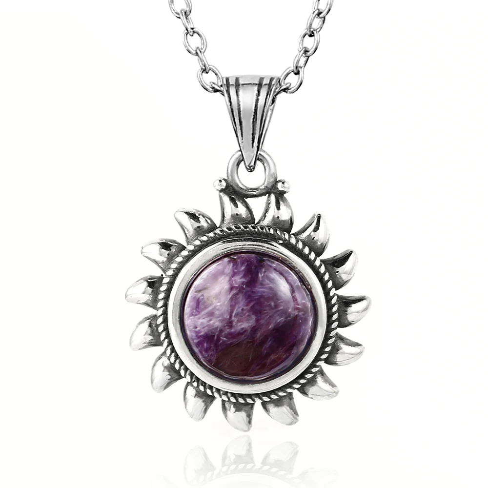 Charoite Beads GUYINKU солнце дизайн 10 мм натуральный лунный камень 925 пробы серебряные ювелирные изделия подвески ожерелья для женщин мужчин винтажные подвески подарки - Цвет камня: Charoite Beads