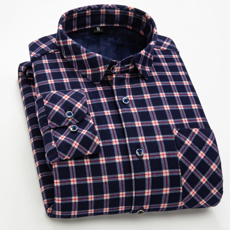 Men's Plaid Long Sleeve Shirt 2020 Autumn Winter Thicken Plus Velvet Warm Fashion Thick Casual / Size 6XL Blouse | Мужская одежда