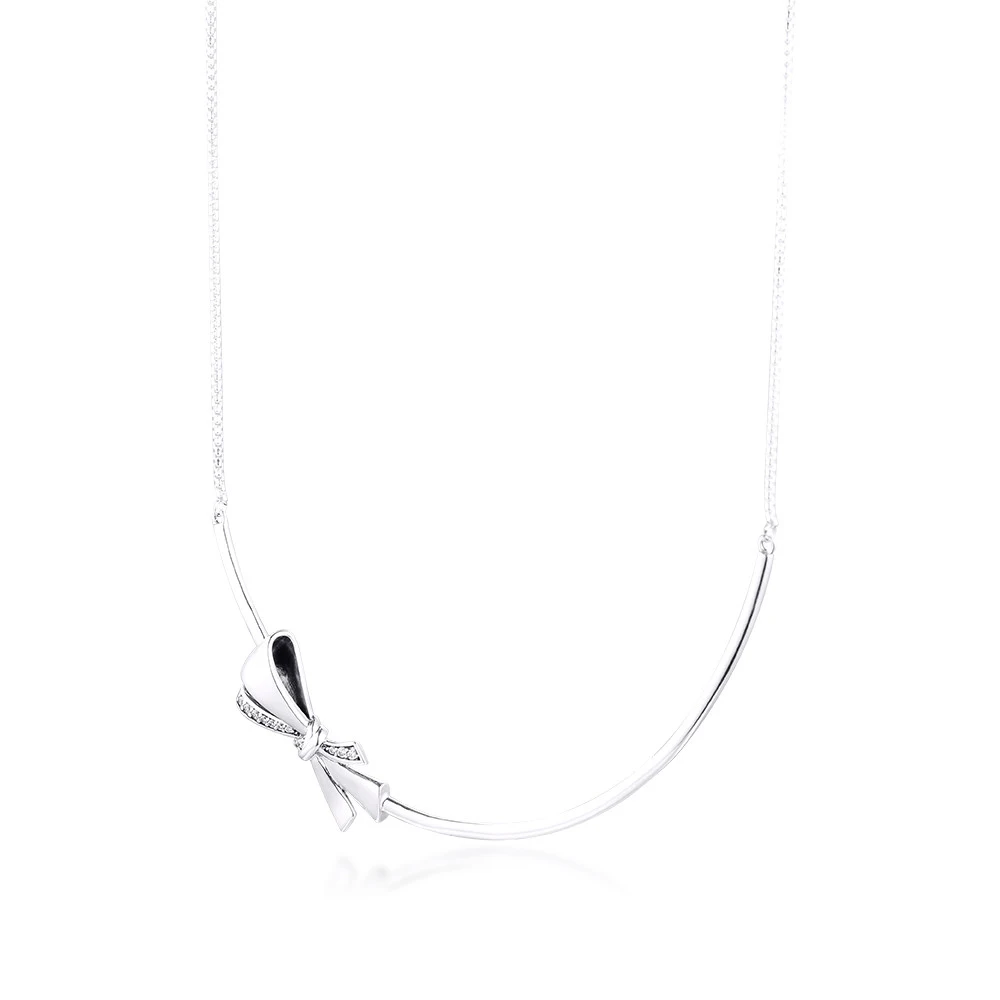

100% 925 Sterling Silver Jewelry Clear CZ Brilliant Bow Necklace for Women Collier Pendants Necklaces Colgantes