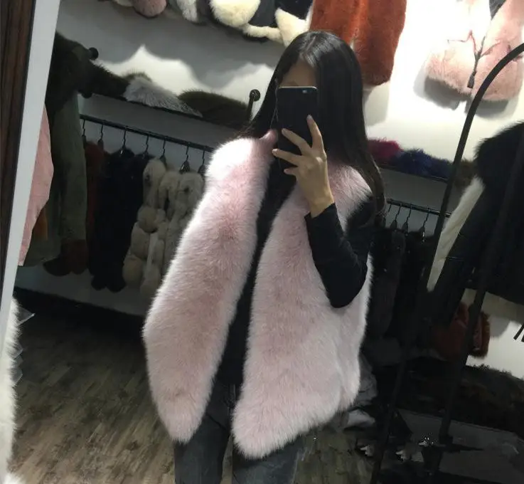 Женский осенне зимний жилет из искусственного лисьего меха с V образным вырезом