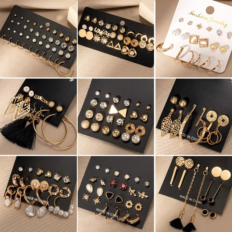 

New Retro Korean Earring Set Geometric Circle Hoop Earrings for Women Fashion Gold Small Metal Pearl Earrings 2021 Trend Jewelry
