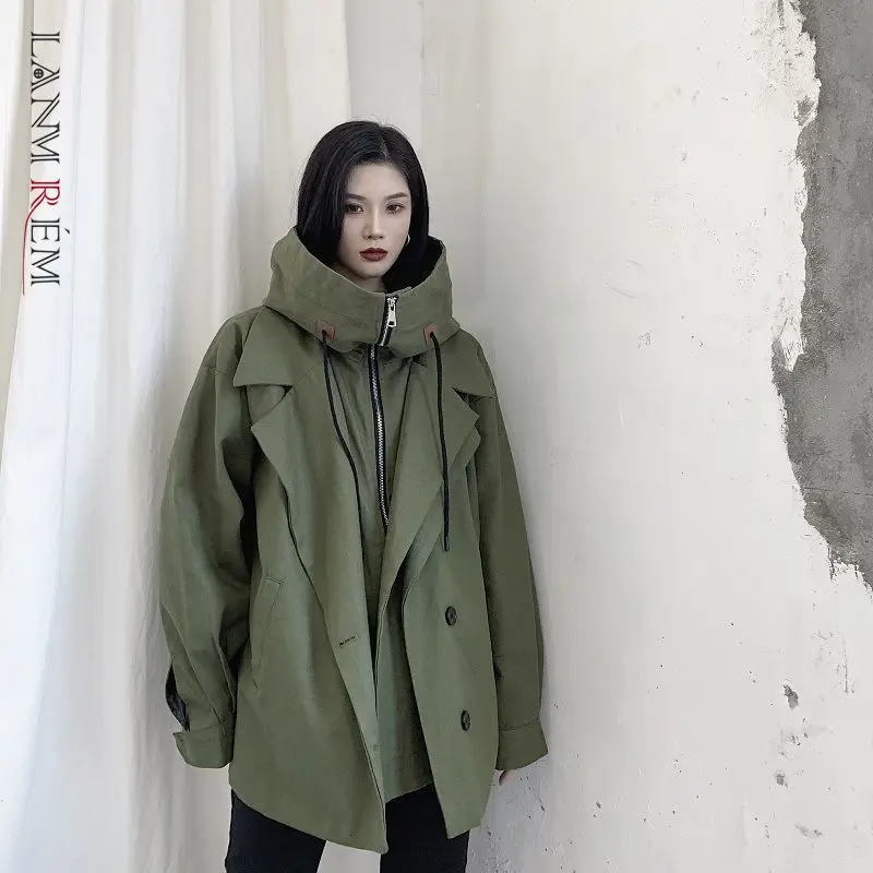 LANMREM Женская Осенняя Новинка оверсайз зеленая Черная куртка индивидуальная ниша