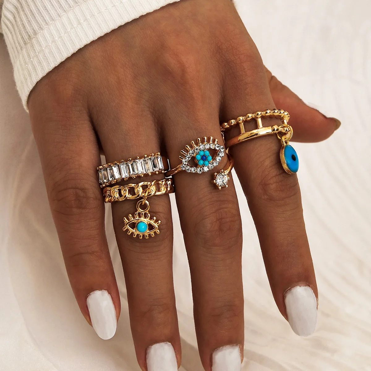 

Bohemian Vintage Gold Crescent Geometric Joint Ring Set for Women Crystal Personality Design Ring Set Party Jewelry