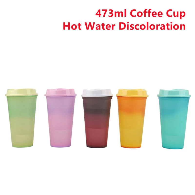 

5PCS 473ml Color Changing Tumblers With Lid Reusable Cups Plastic Tumbler Simple Coffee Mug Hot Water Discoloration Tumblers