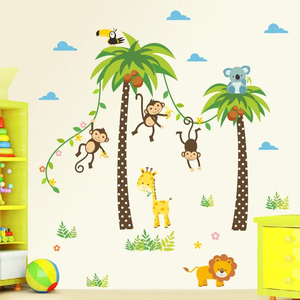 

Giraffe lion Monkey Palm Tree Forest Animals wall Stickers for kids room Children Bedroom Wall Decals Nursery Decor Poster Mural