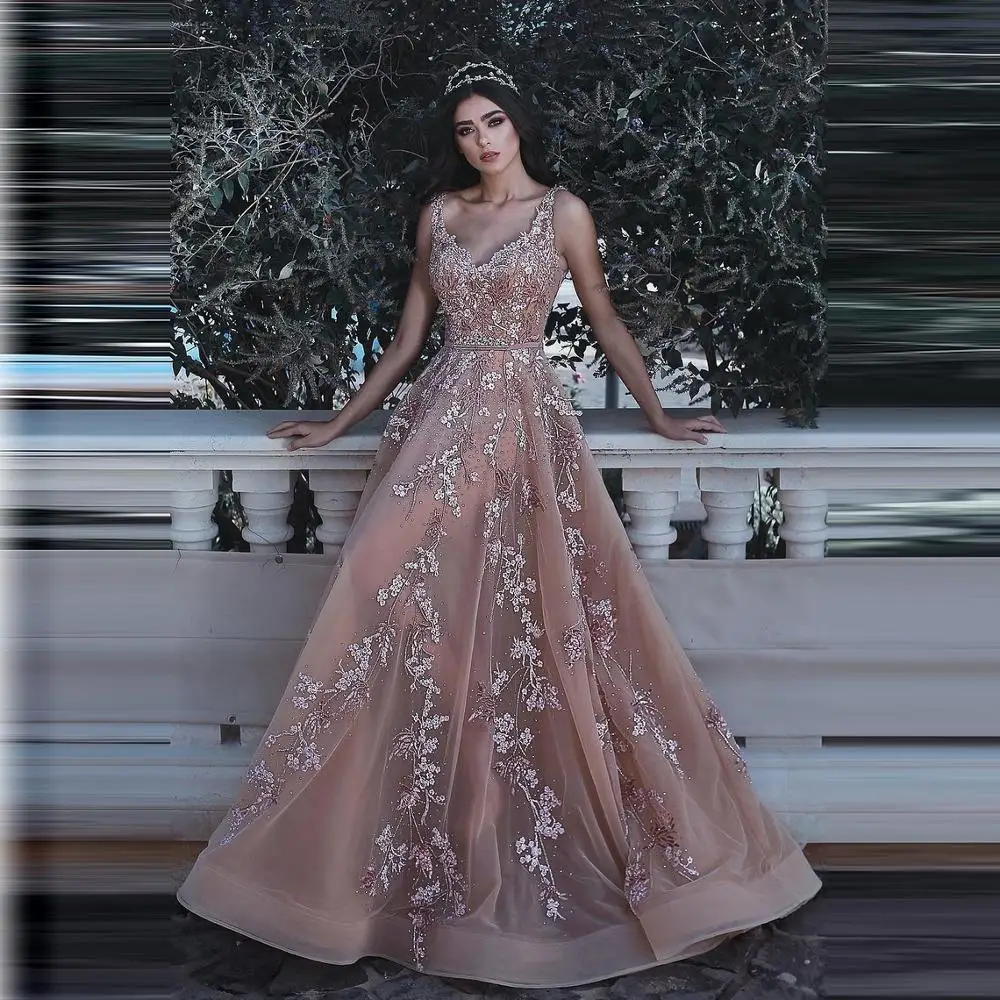 

Luxury Dubai Prom Dresses Lace Appliques Beadings V-neck Jewel Neck A-line Long Formal Evening Gowns Double Eleven Event