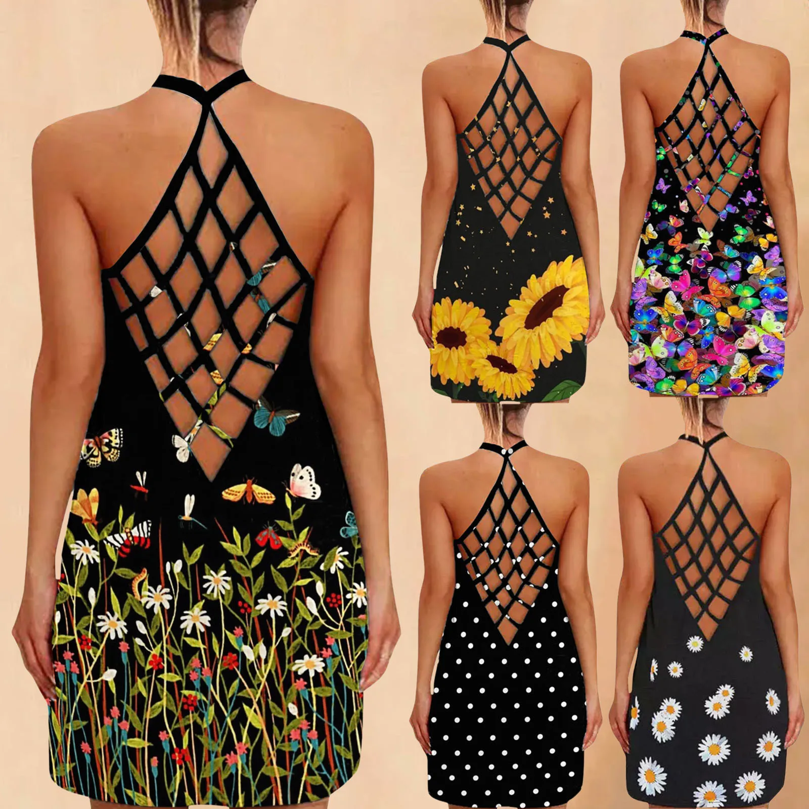 

Summer Tank Dress Women Fashion Sunflower Print O-Neck Sleeveless Sexy Backless Dress Female Casual Loose Beach Dress#35