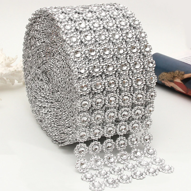 

1Yard Silver Sunflower Rhinestone Crystal Ribbon Faux Diamond Ribbon Acrylic Flower Mesh Wrap Tape for Wedding Party Decorations
