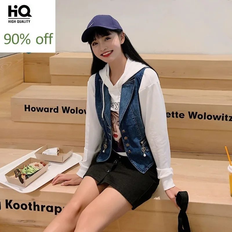 Лидер продаж корейские женские джинсовые жилеты без рукавов модные однобортные