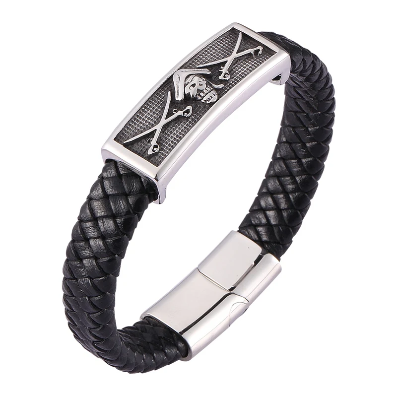 

Skull Men Bracelets High Quality Black Leather Hand Bracelets Bangles Stainless Steel Accessories Punk Jewelries BB0478