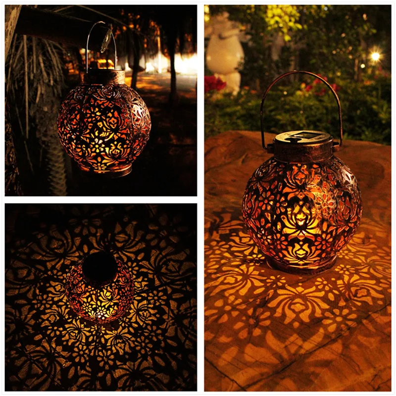

Retro Garden Solar Lamp Metal Hollow Projection Hanging Lantern Outdoor Lighting