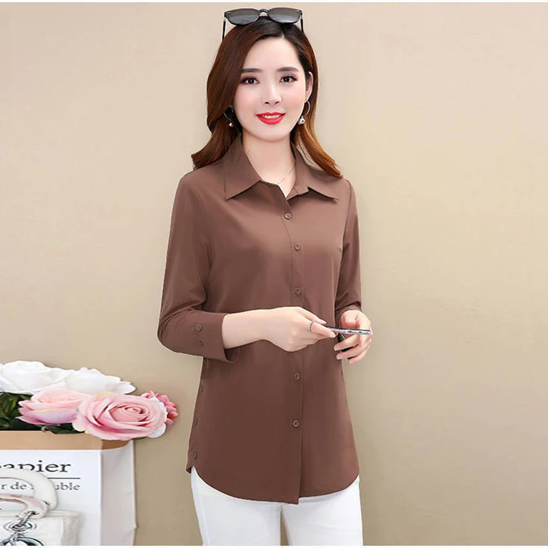 Chic Solid polo collar shirt women fashion elegant slim plus size 5XL long sleeve blouse female 2021 new Mom casual spring tops