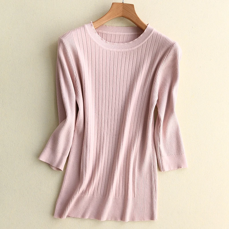 

New Spring Autumn 2019 Women Knitted Pullovers Sweater Casual O Neck Three Quarter Sleeve Cashmere Wool Knitted Outerwear