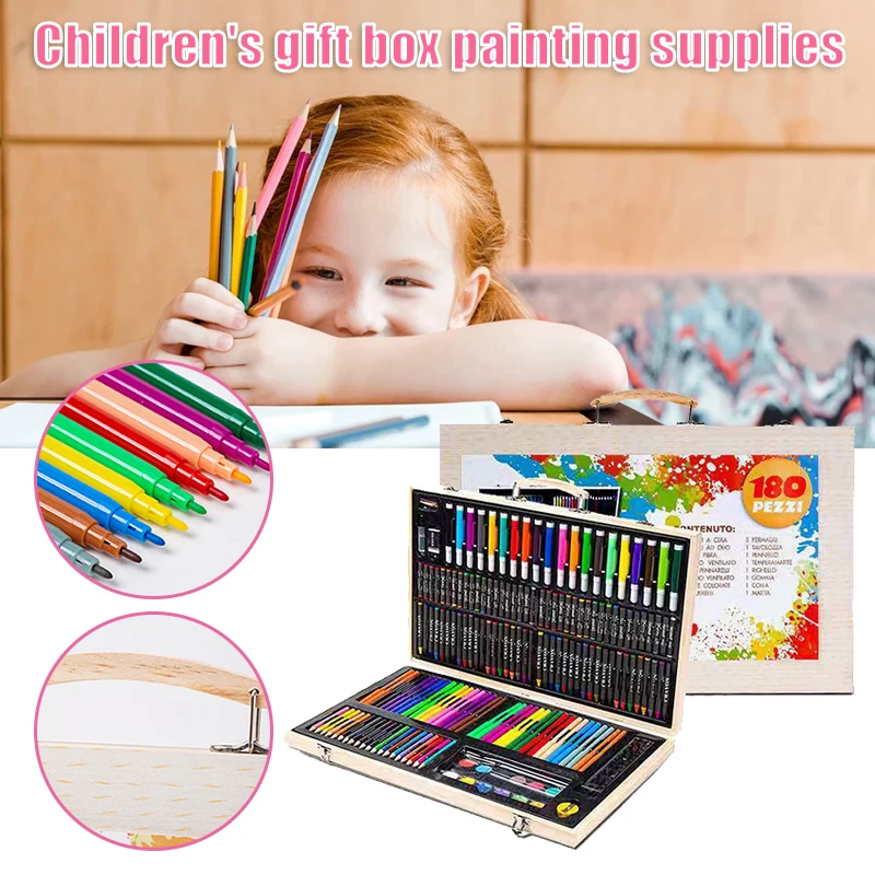 

180PCS/set Art Painting Set with Wooden Box Children's Drawing Watercolor Brush Colored Pencil Marker Crayon Pencil BJStore